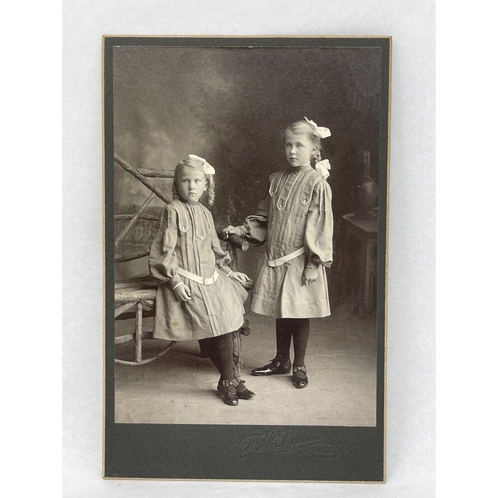 1800s FW Sander Monee‎ IL Matching Dresses Sisters Black WhiteVintage Photograph